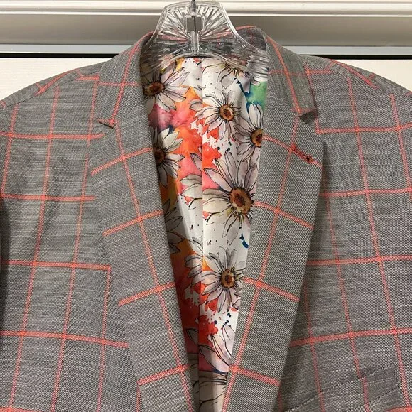 Mens PAISLEY & GRAY Sz 42L Gray & Peach Plaid Slim Fit Suit Jacket Sport Coat - Picture 3 of 13